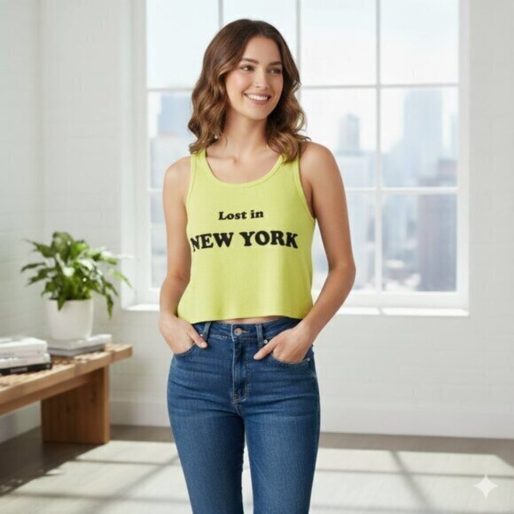Pull & Bear Lost in New York Crop Tank Top Yellow Size Small